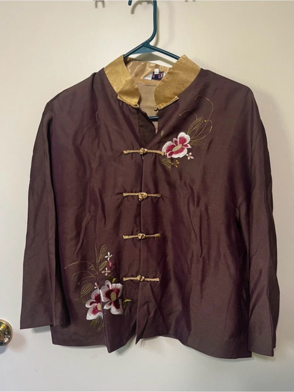 Women's Brown Embroidered Mandarin Jacket with Gold Trim xl